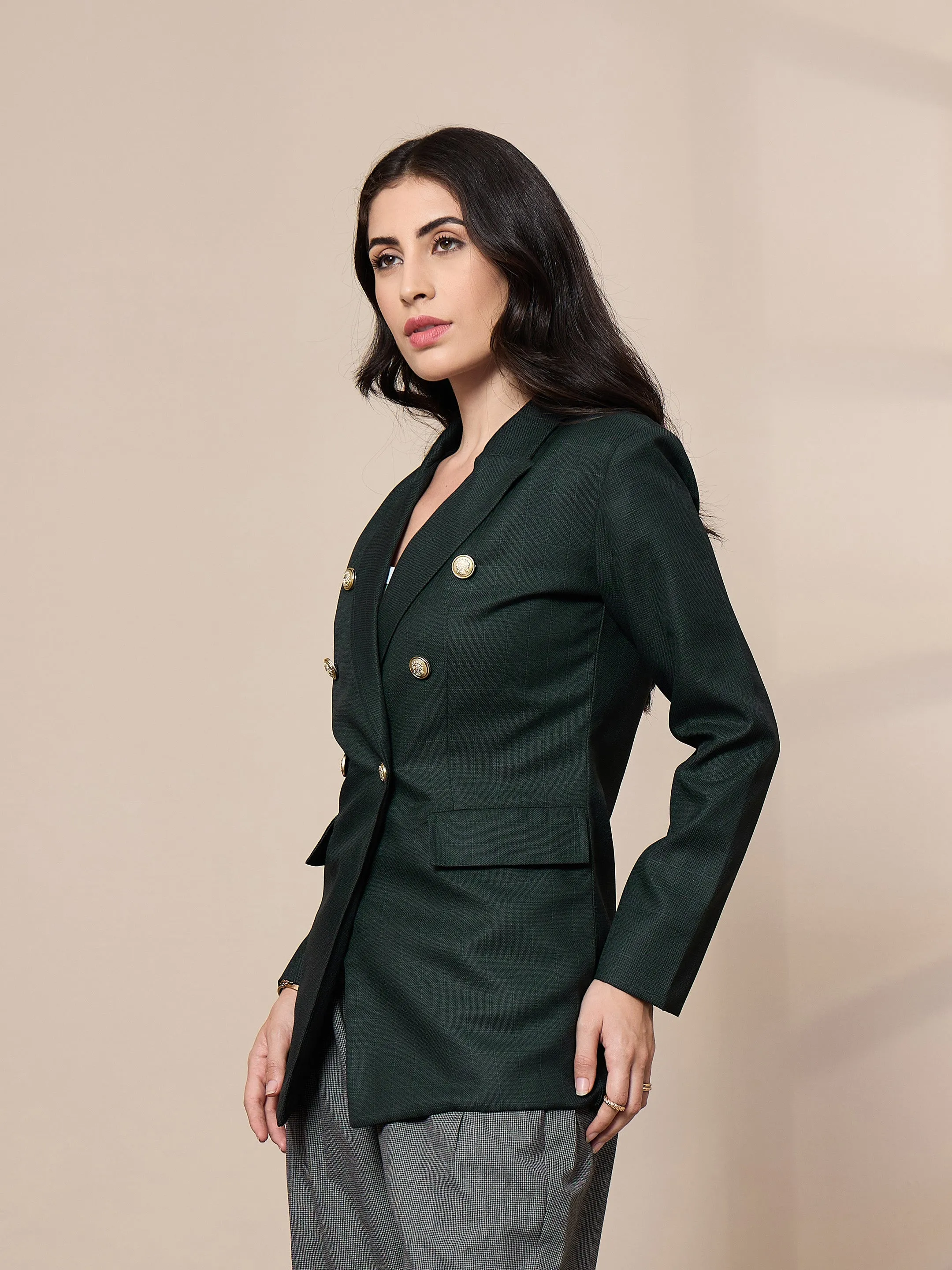 Women Green Double-Breasted Check Blazer