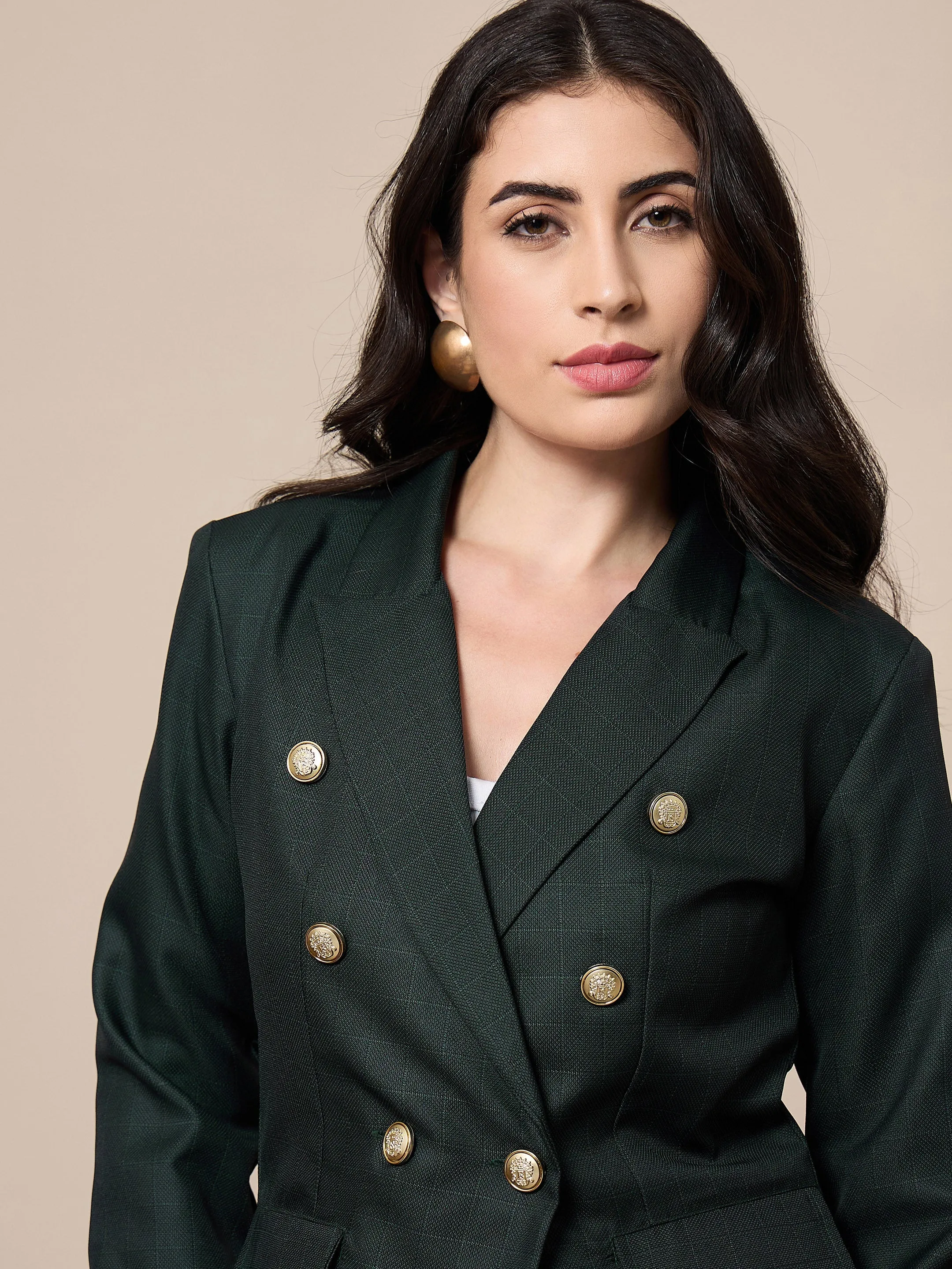 Women Green Double-Breasted Check Blazer