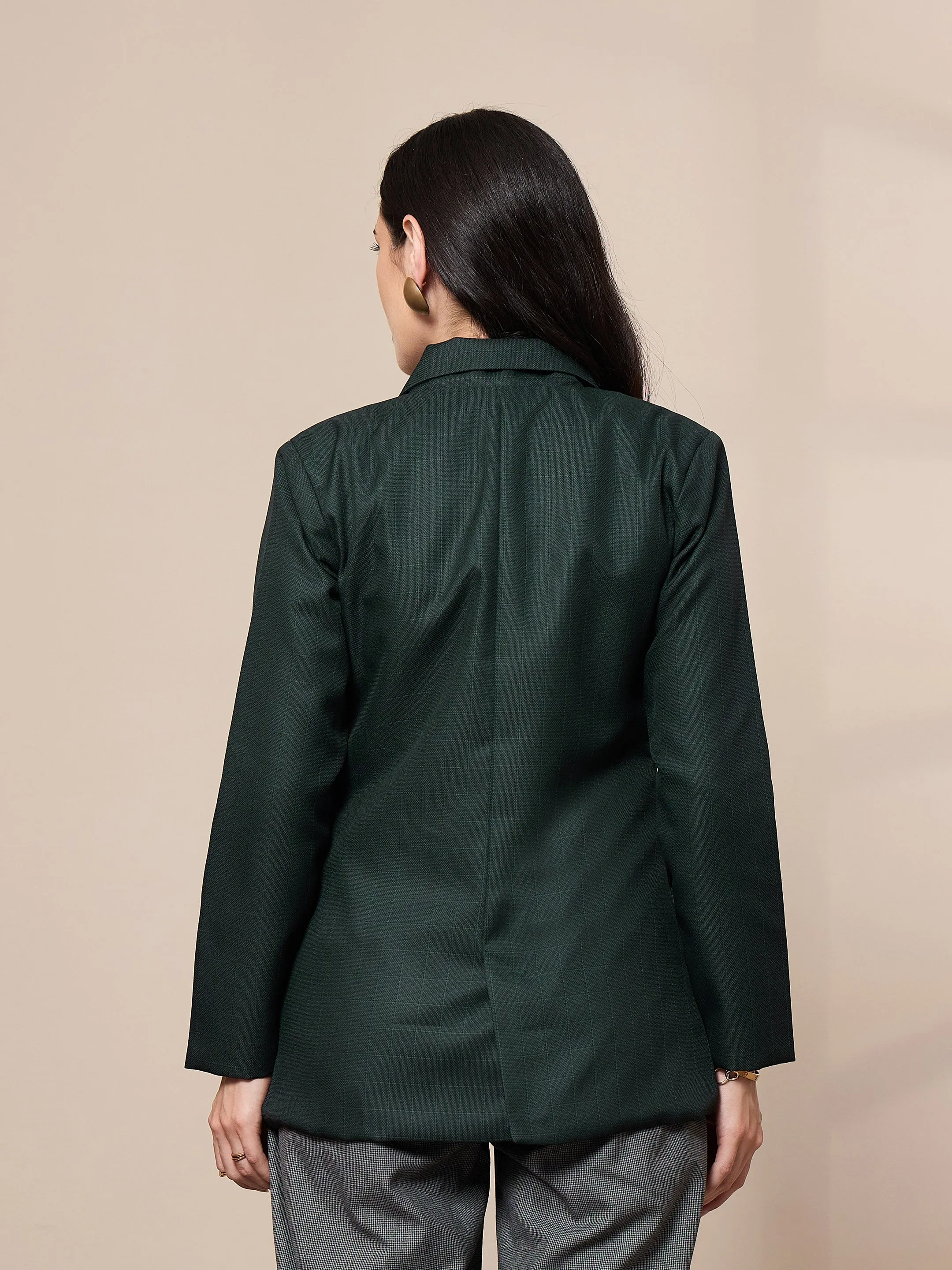 Women Green Double-Breasted Check Blazer