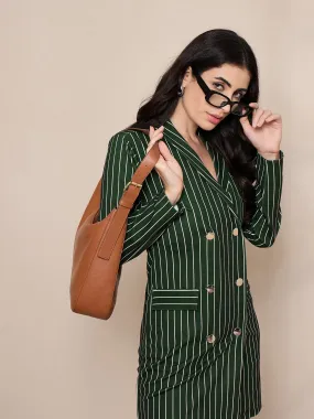 Women Green Striped Double Breasted Blazer Dress