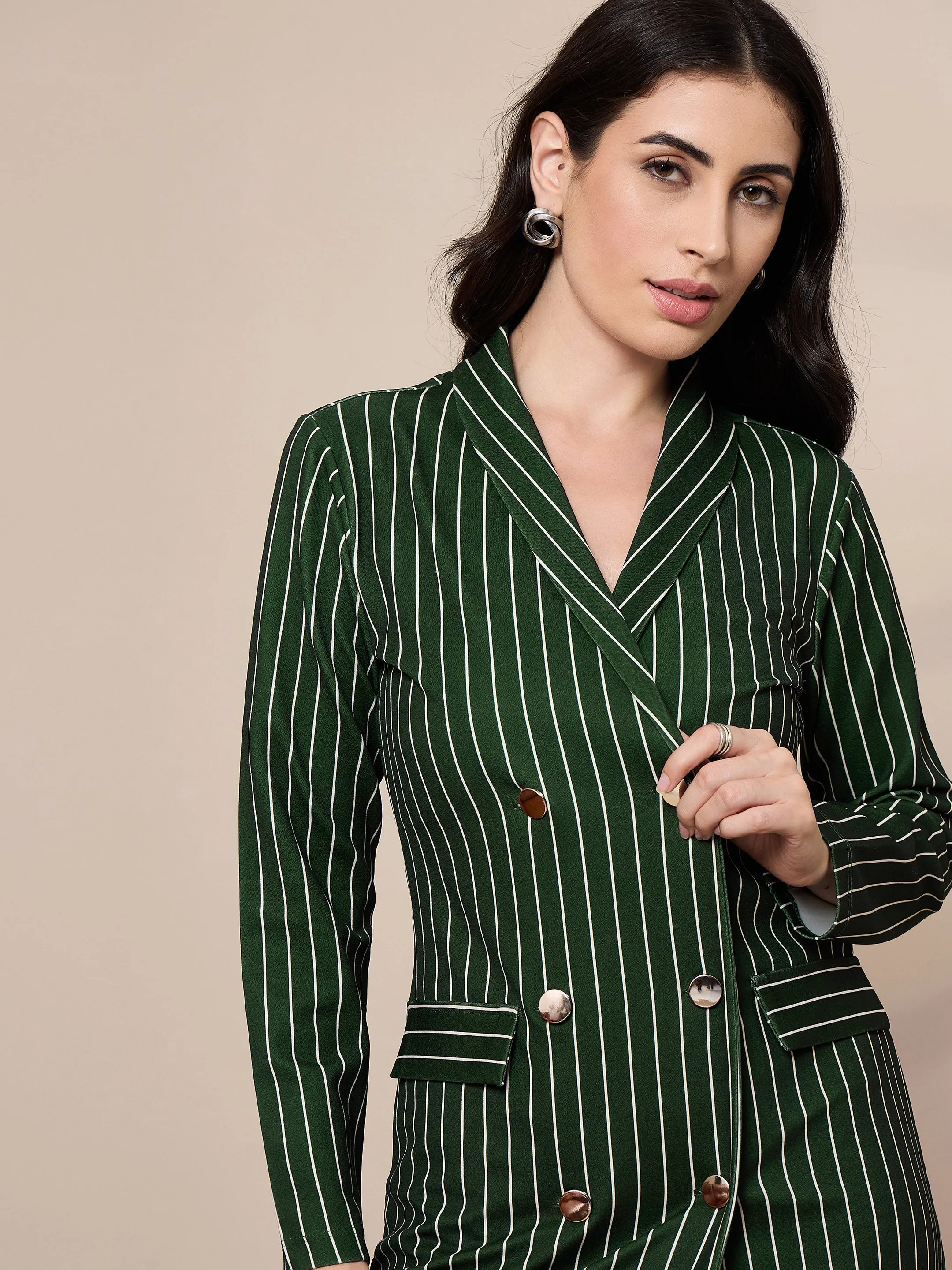 Women Green Striped Double Breasted Blazer Dress