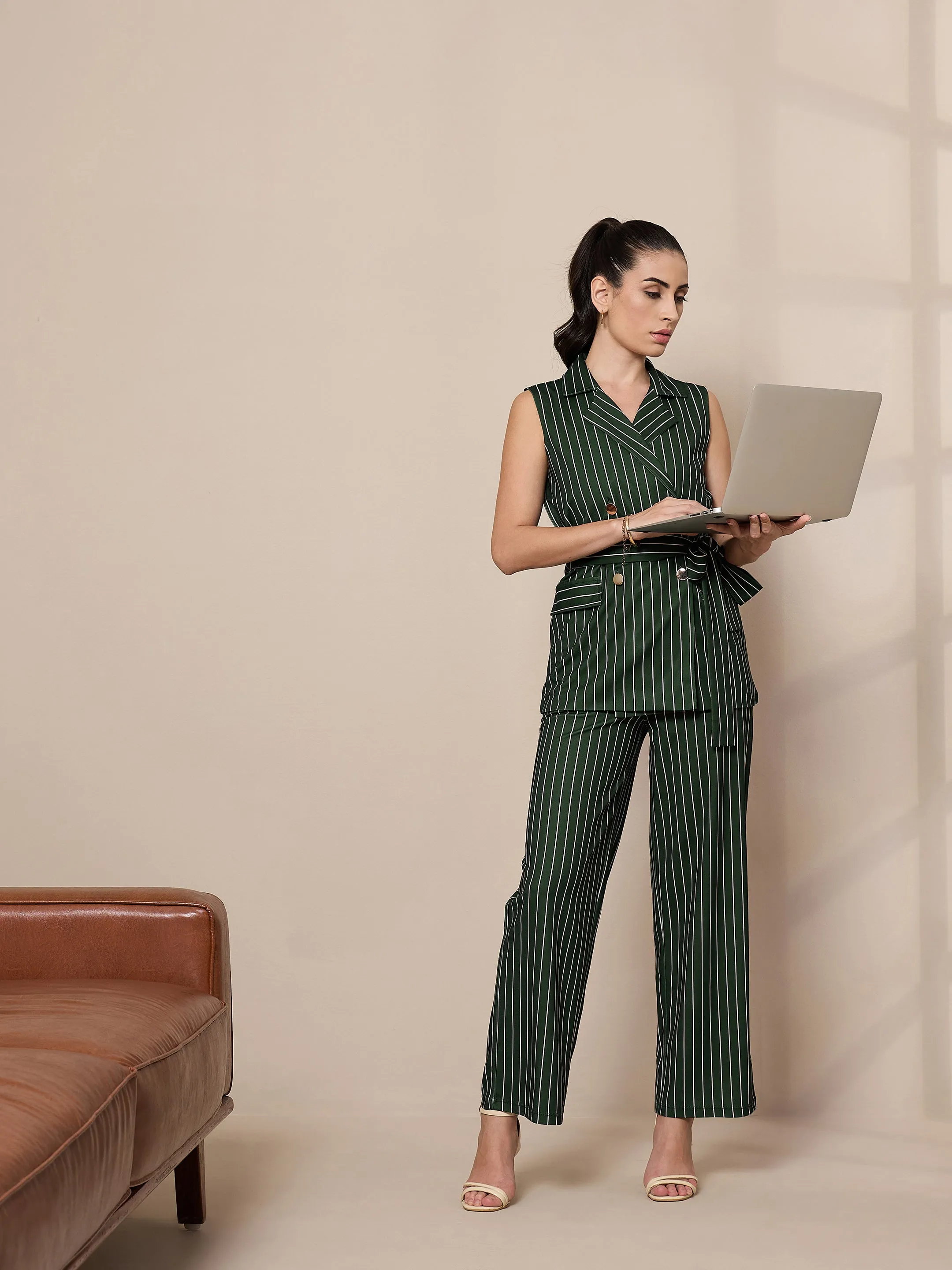 Women Green Striped Sleeveless Front Tie-Up Blazer With Straight Pants