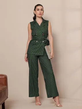 Women Green Striped Sleeveless Front Tie-Up Blazer With Straight Pants