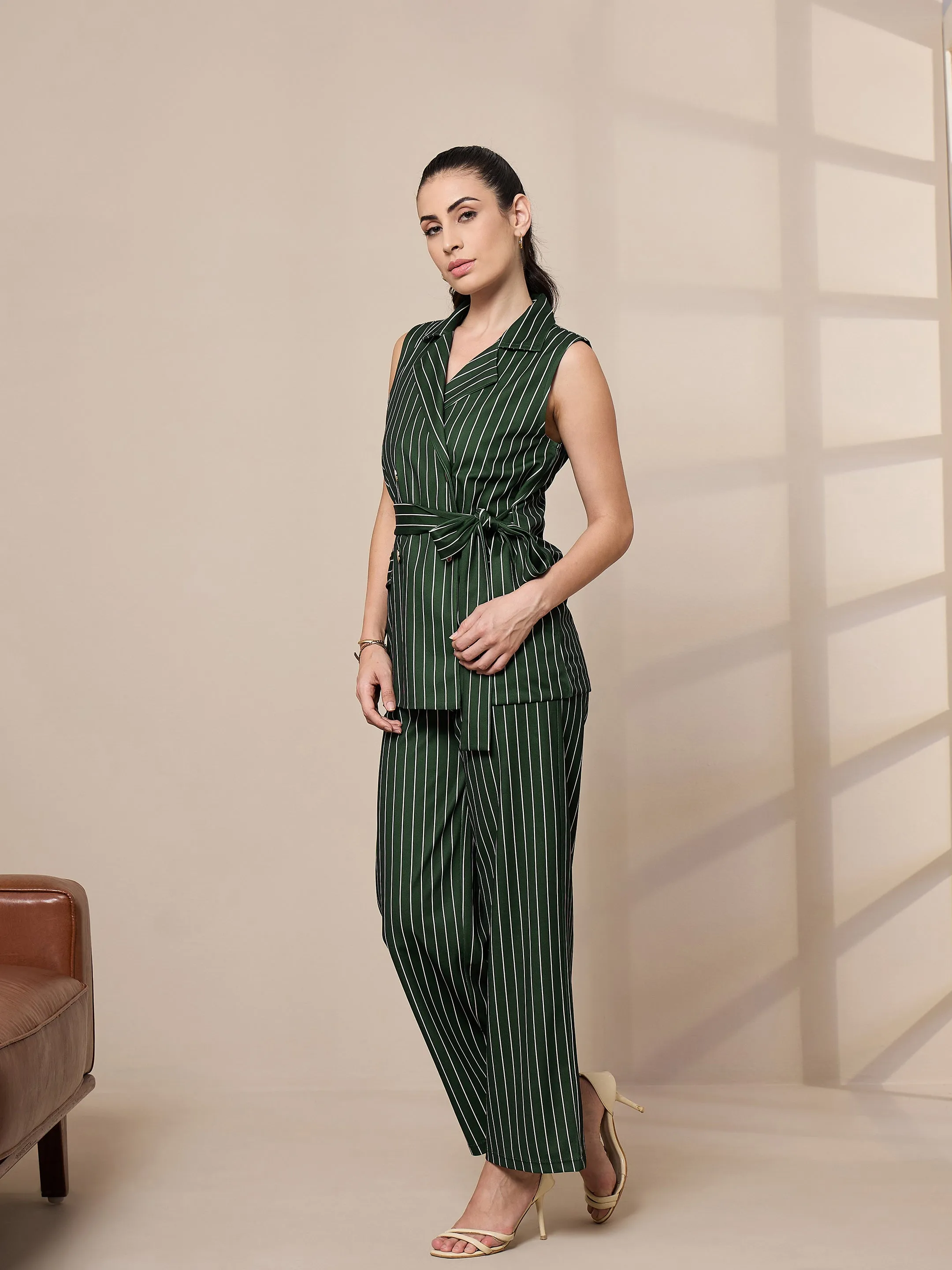 Women Green Striped Sleeveless Front Tie-Up Blazer With Straight Pants