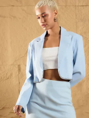 Women Ice Blue Notch Collar Crop Blazer