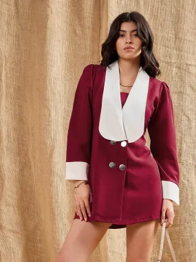 Women Maroon Contrast Collar Blazer Dress