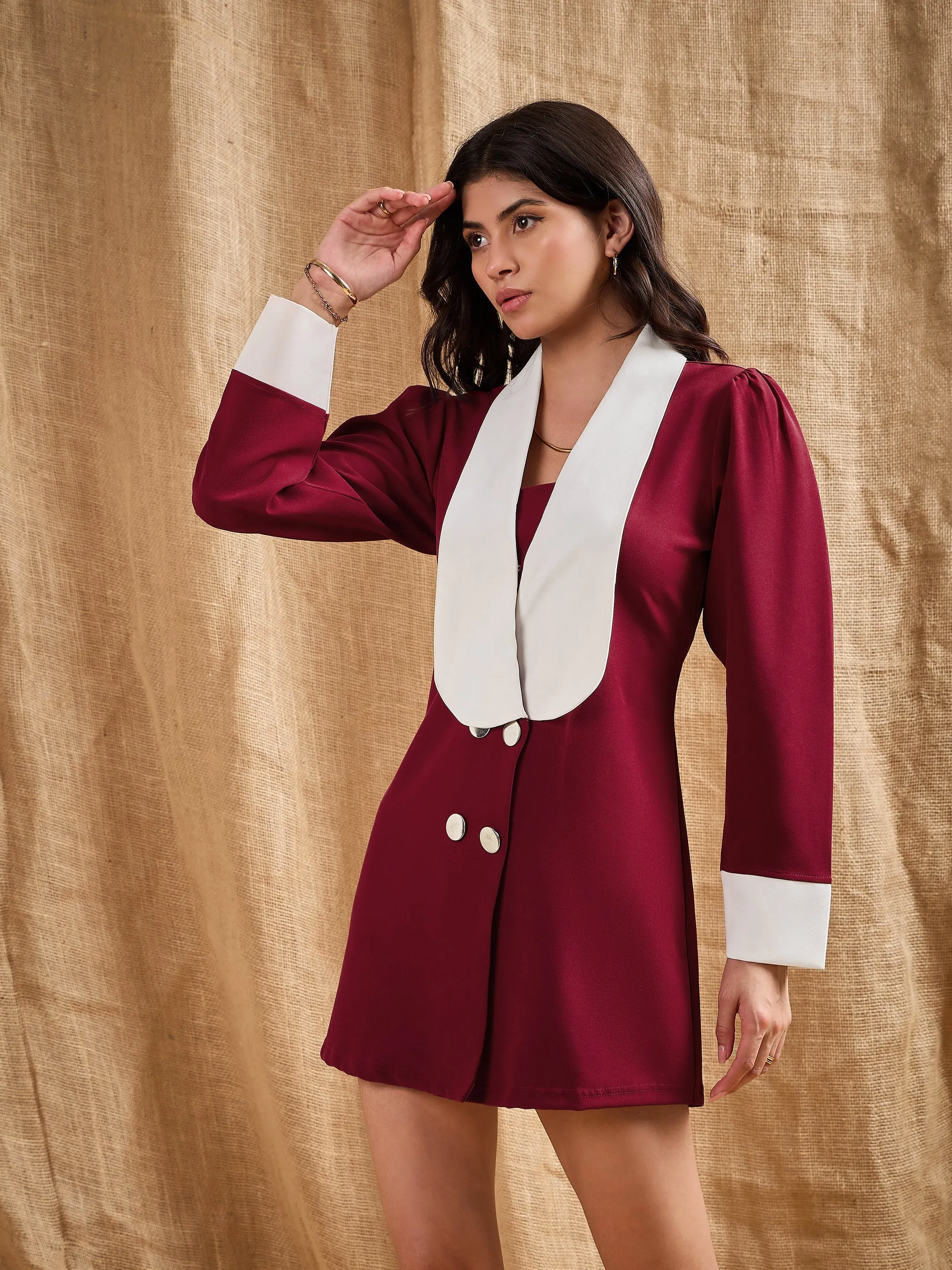 Women Maroon Contrast Collar Blazer Dress