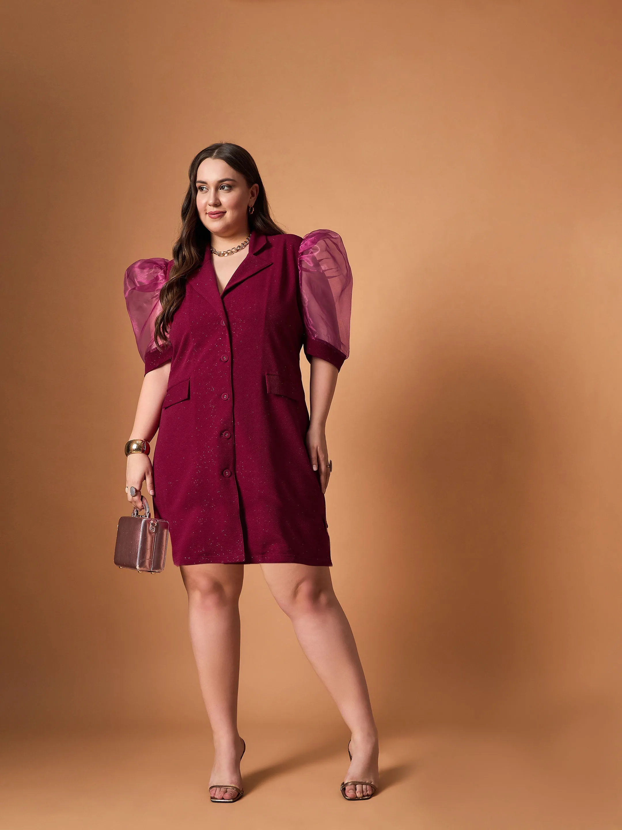 Women Maroon Glitter Organza Sleeves Blazer Dress