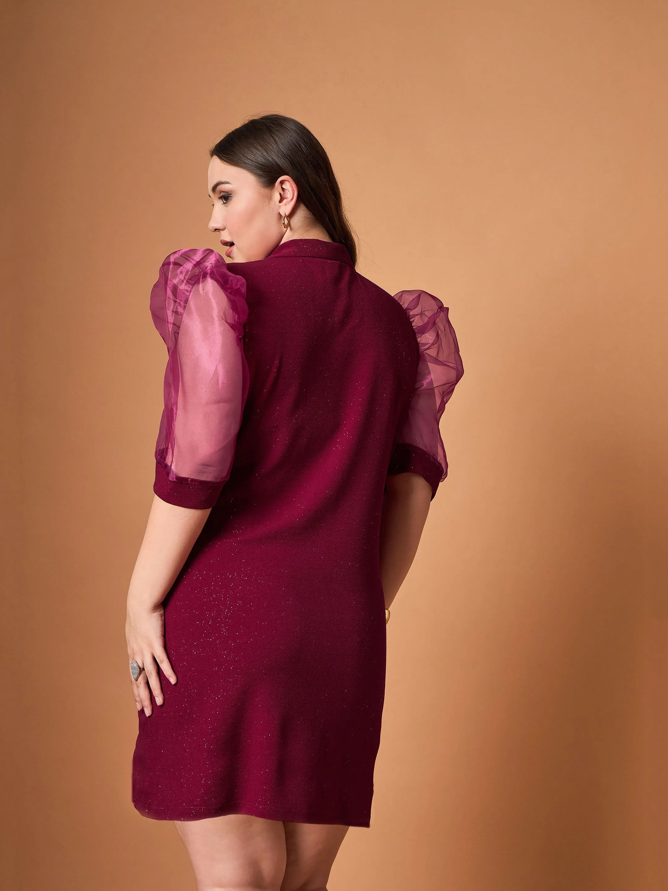 Women Maroon Glitter Organza Sleeves Blazer Dress