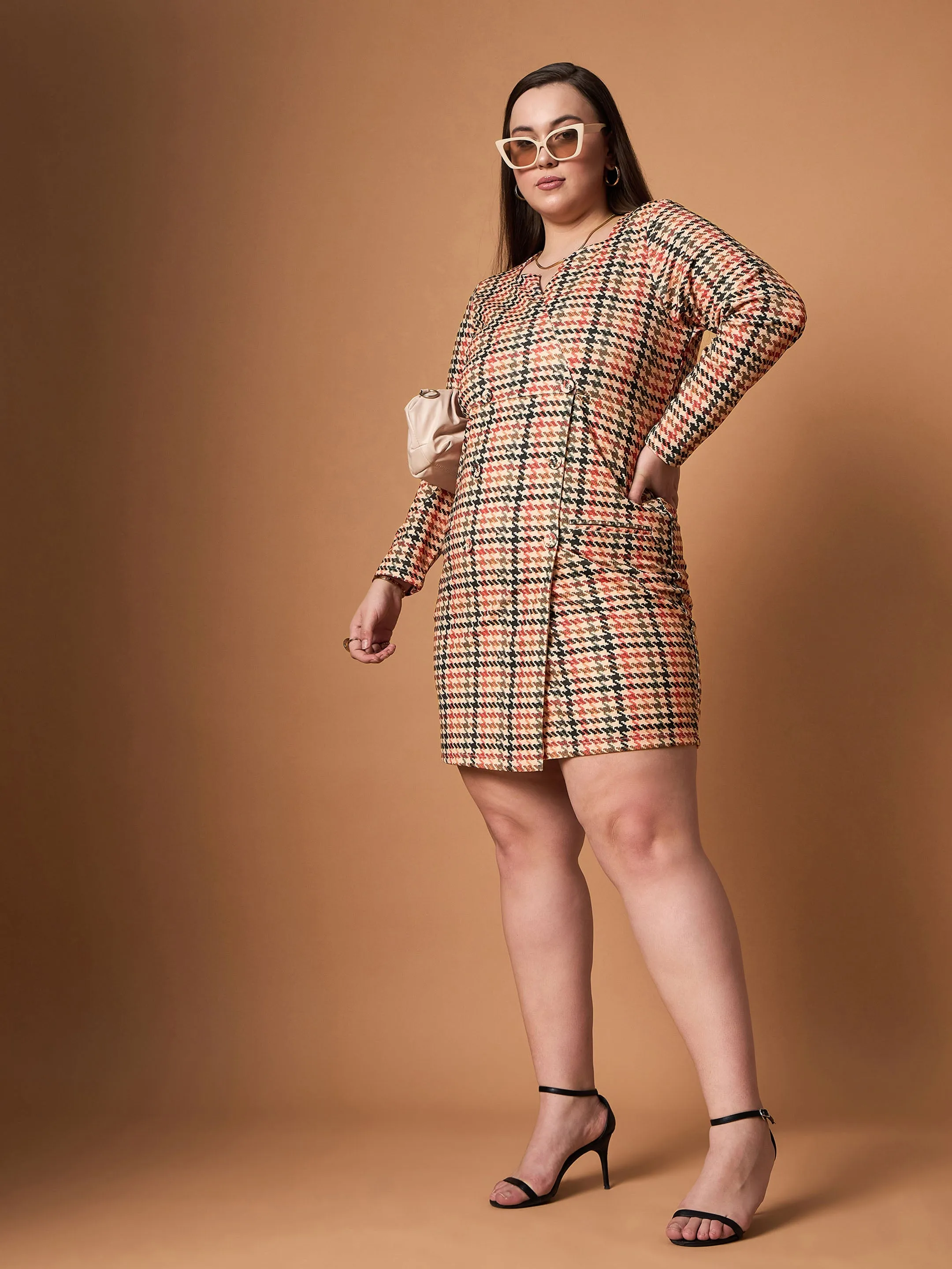 Women Peach Multi Houndstooth Blazer Dress