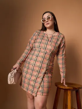 Women Peach Multi Houndstooth Blazer Dress