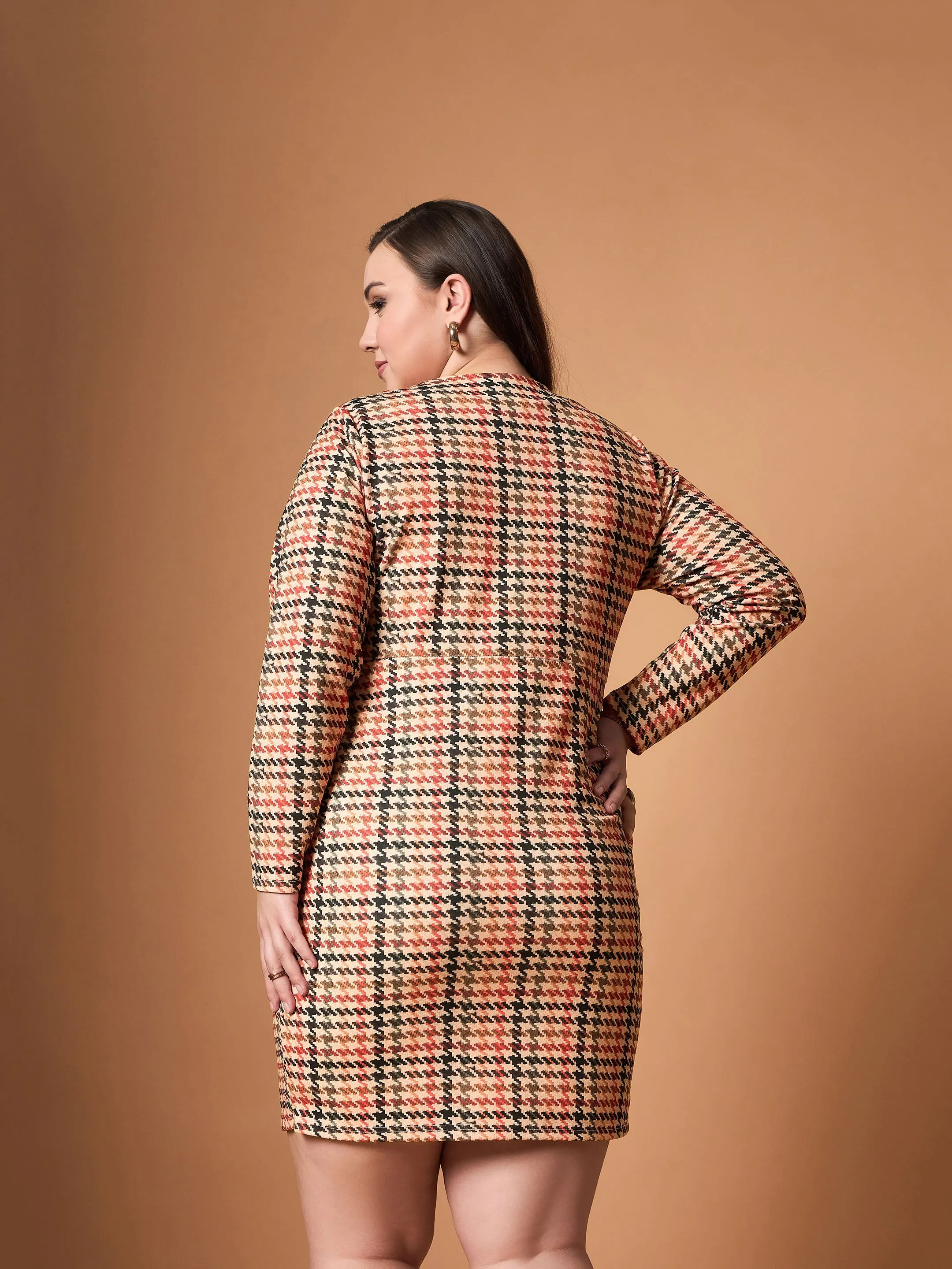 Women Peach Multi Houndstooth Blazer Dress