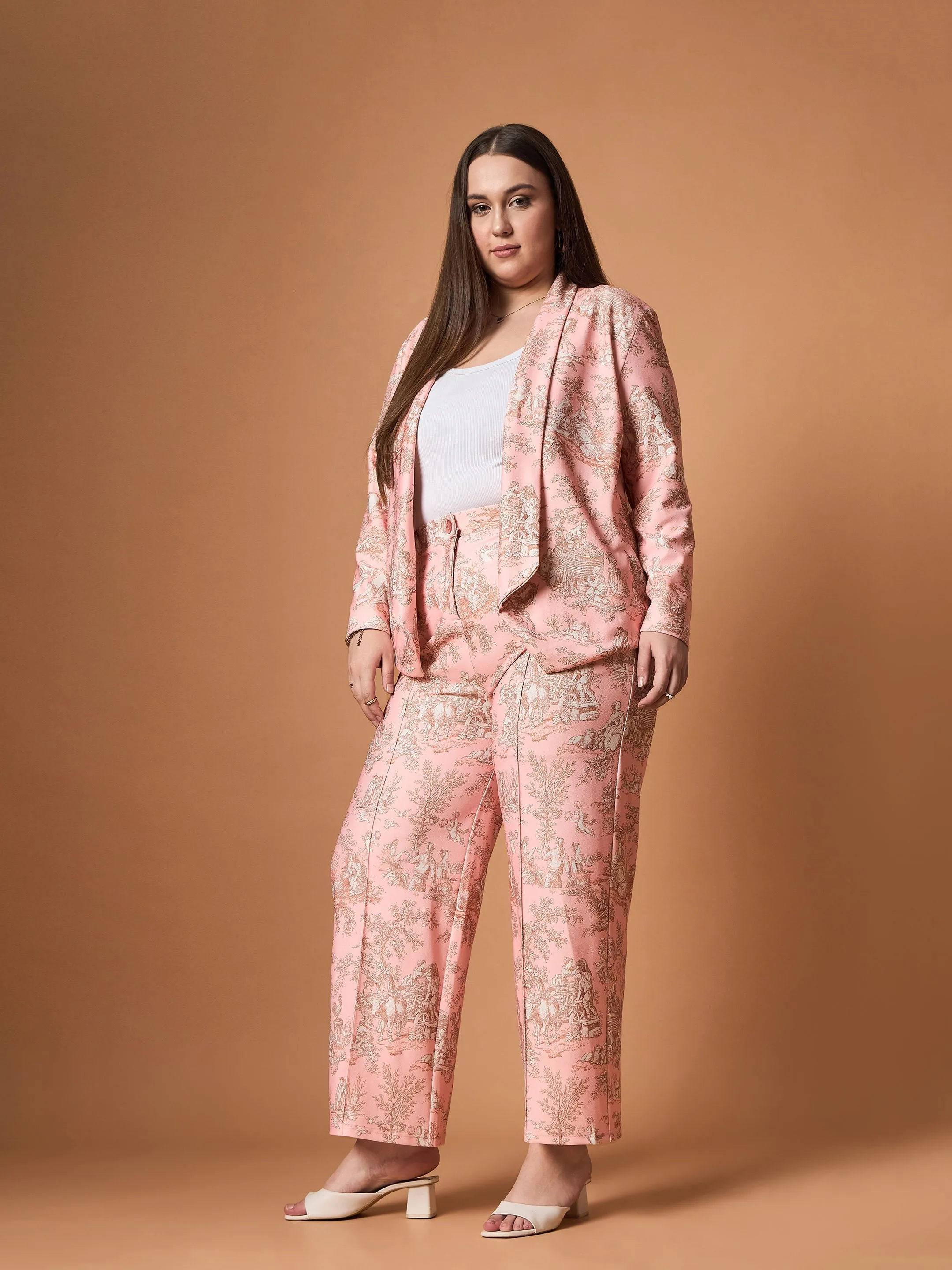 Women Pink Floral Shawl Collar Blazer With Straight Pants