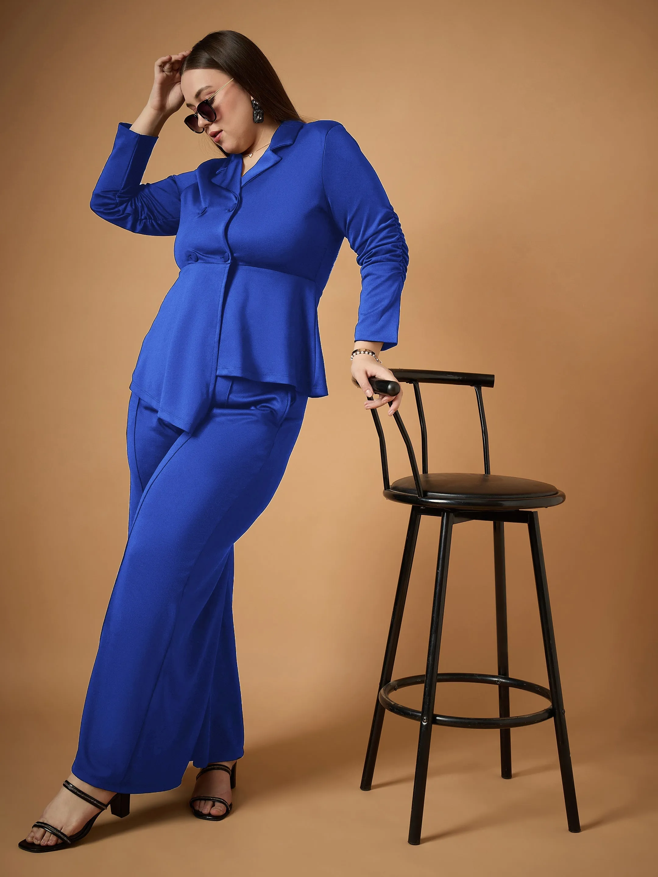 Women Royal Blue Ruched Blazer With Straight Pants