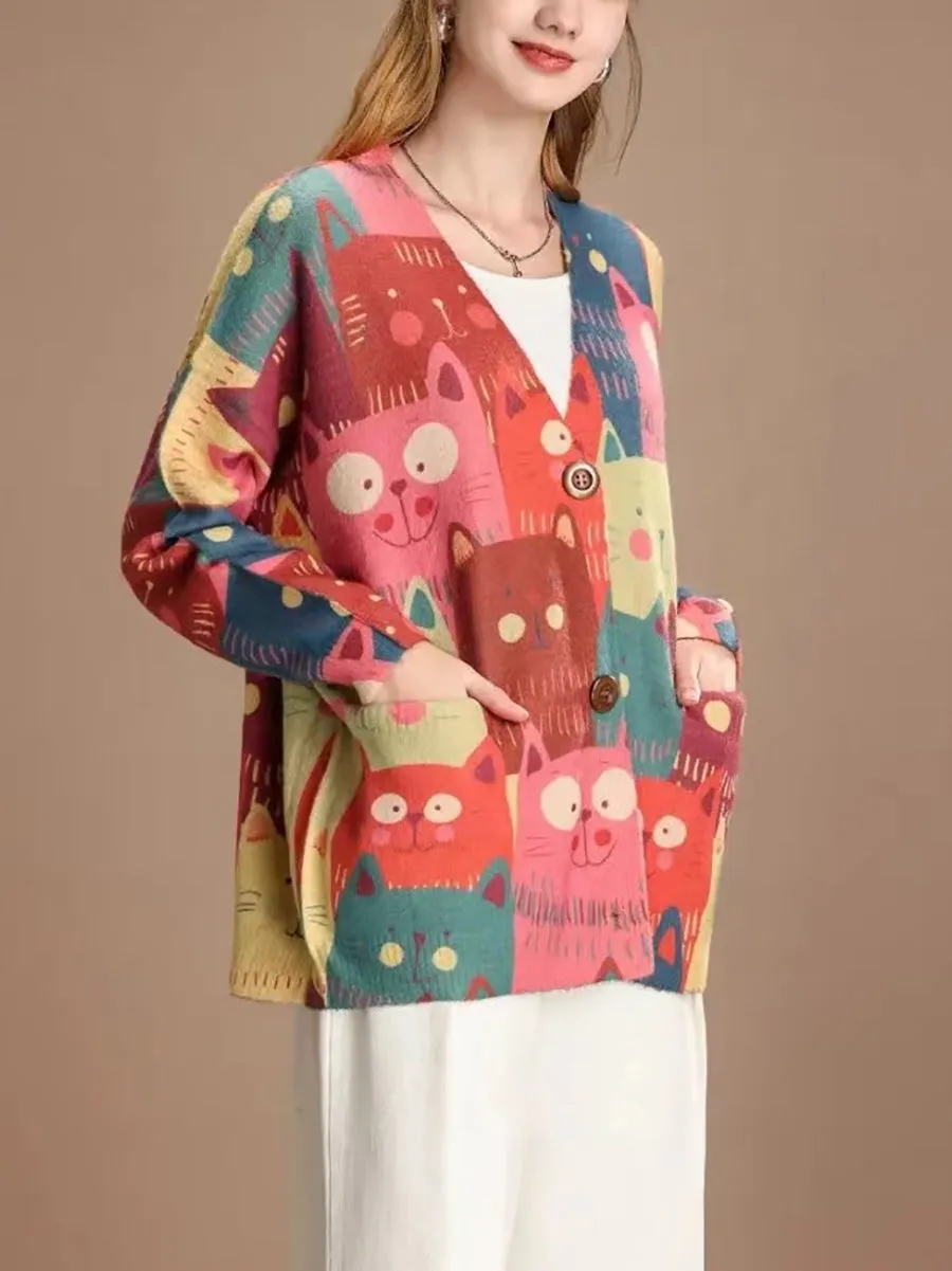 Women Spring Cute Cat Knitted Cardigan Sweater PA1005