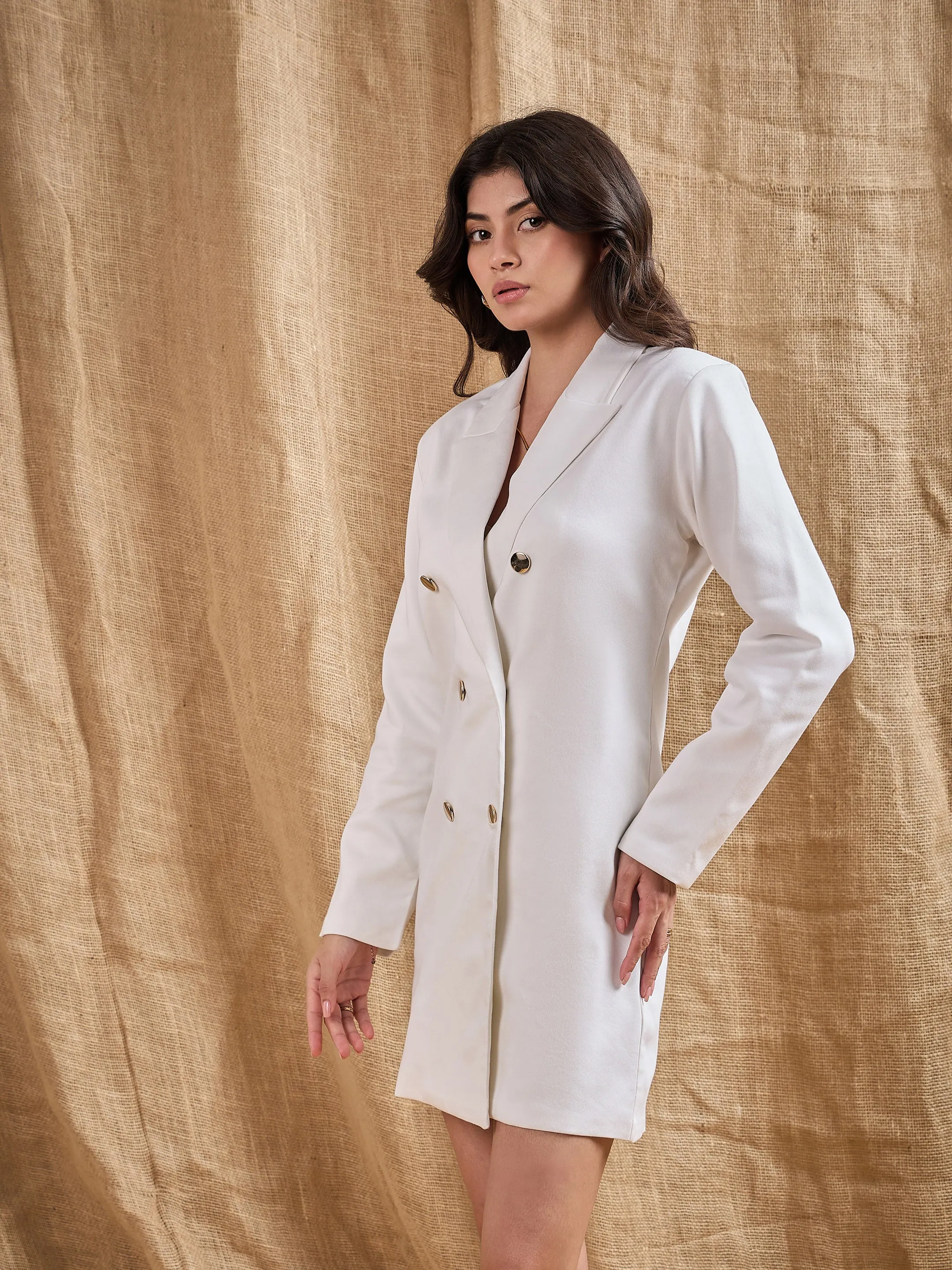 Women White Full Sleeves Double Breasted Blazer Dress