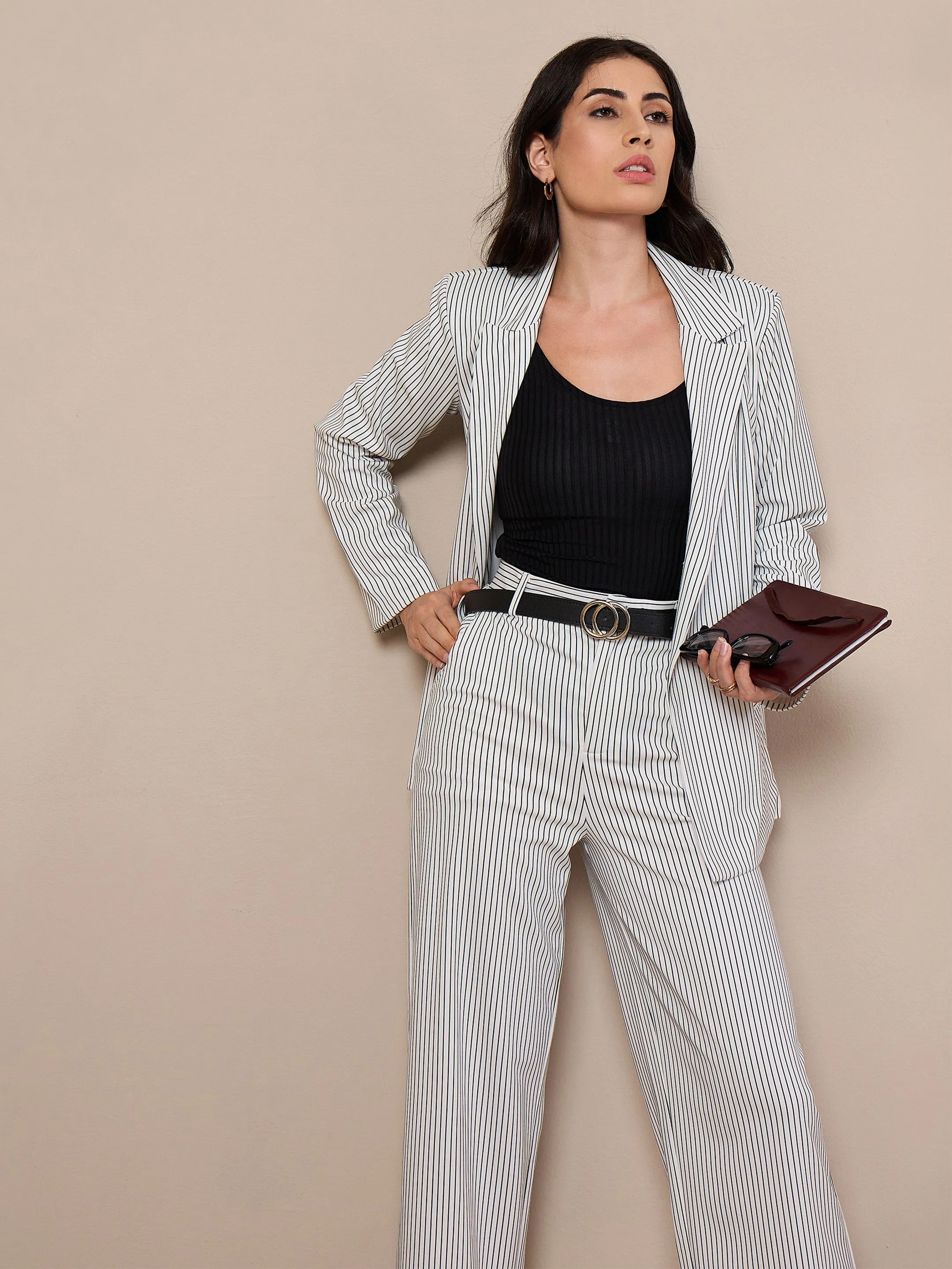 Women White Striped Front Button Blazer With Straight Pants