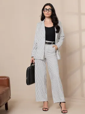 Women White Striped Front Button Blazer With Straight Pants