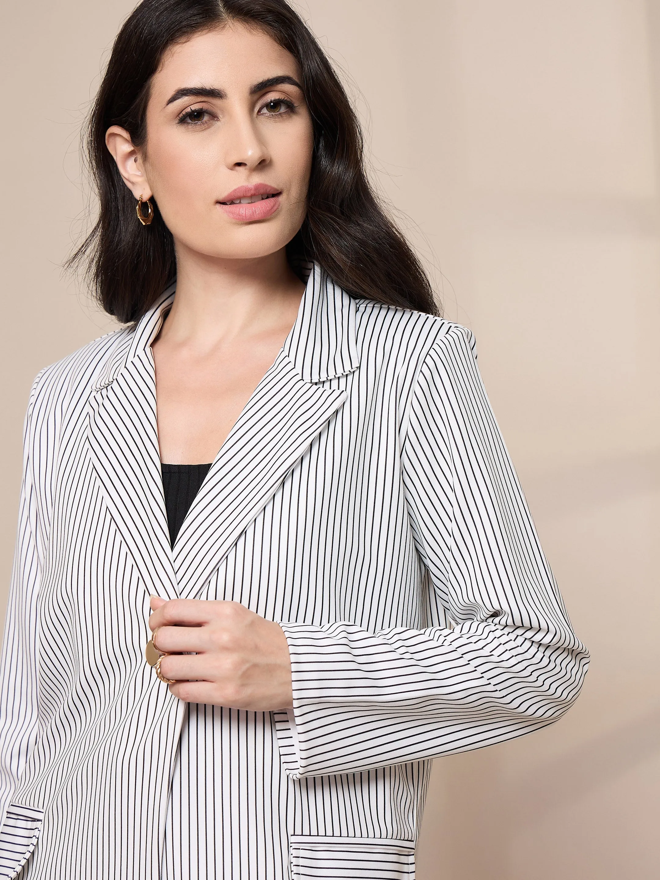 Women White Striped Front Button Blazer With Straight Pants