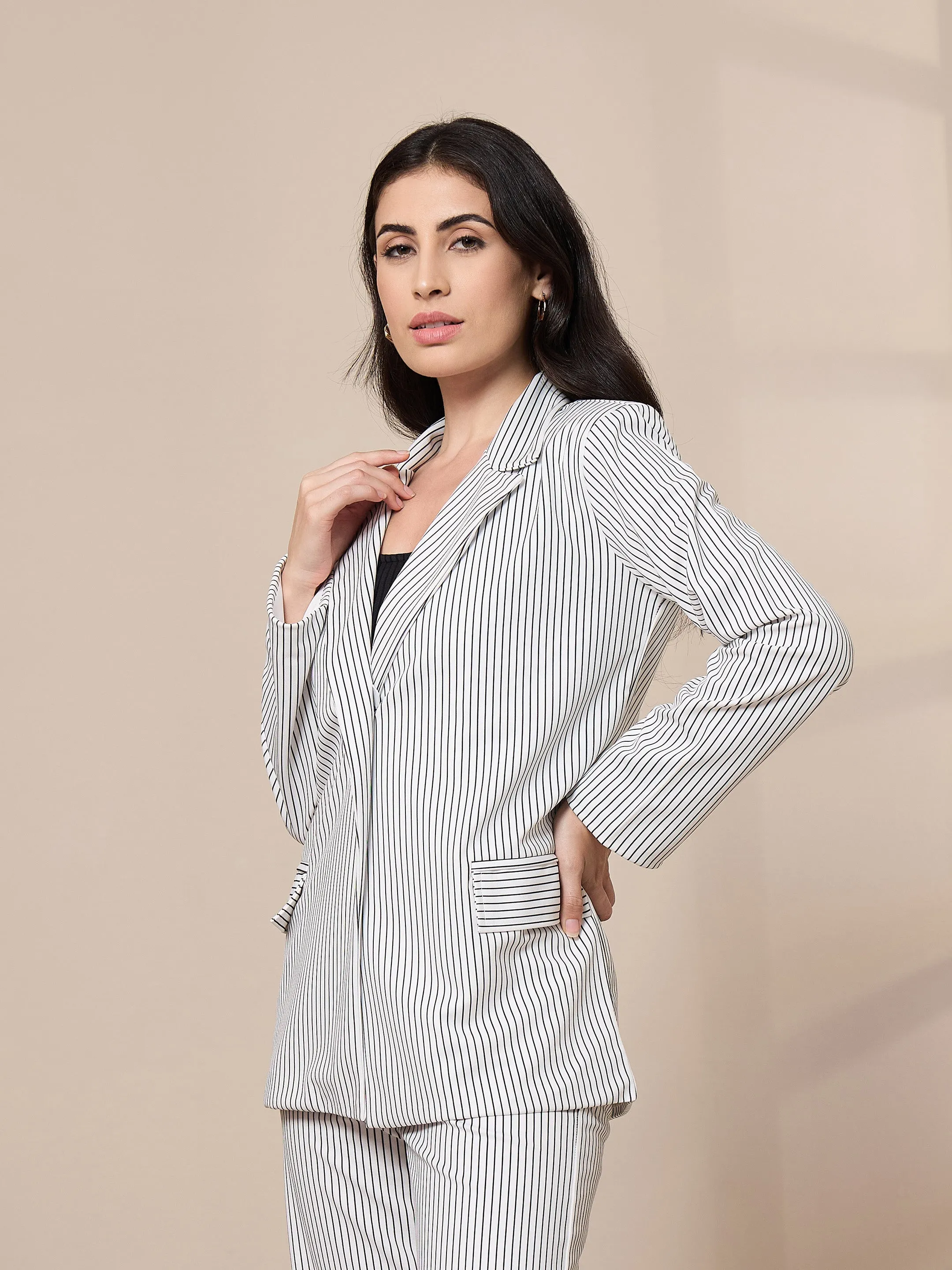 Women White Striped Front Button Blazer