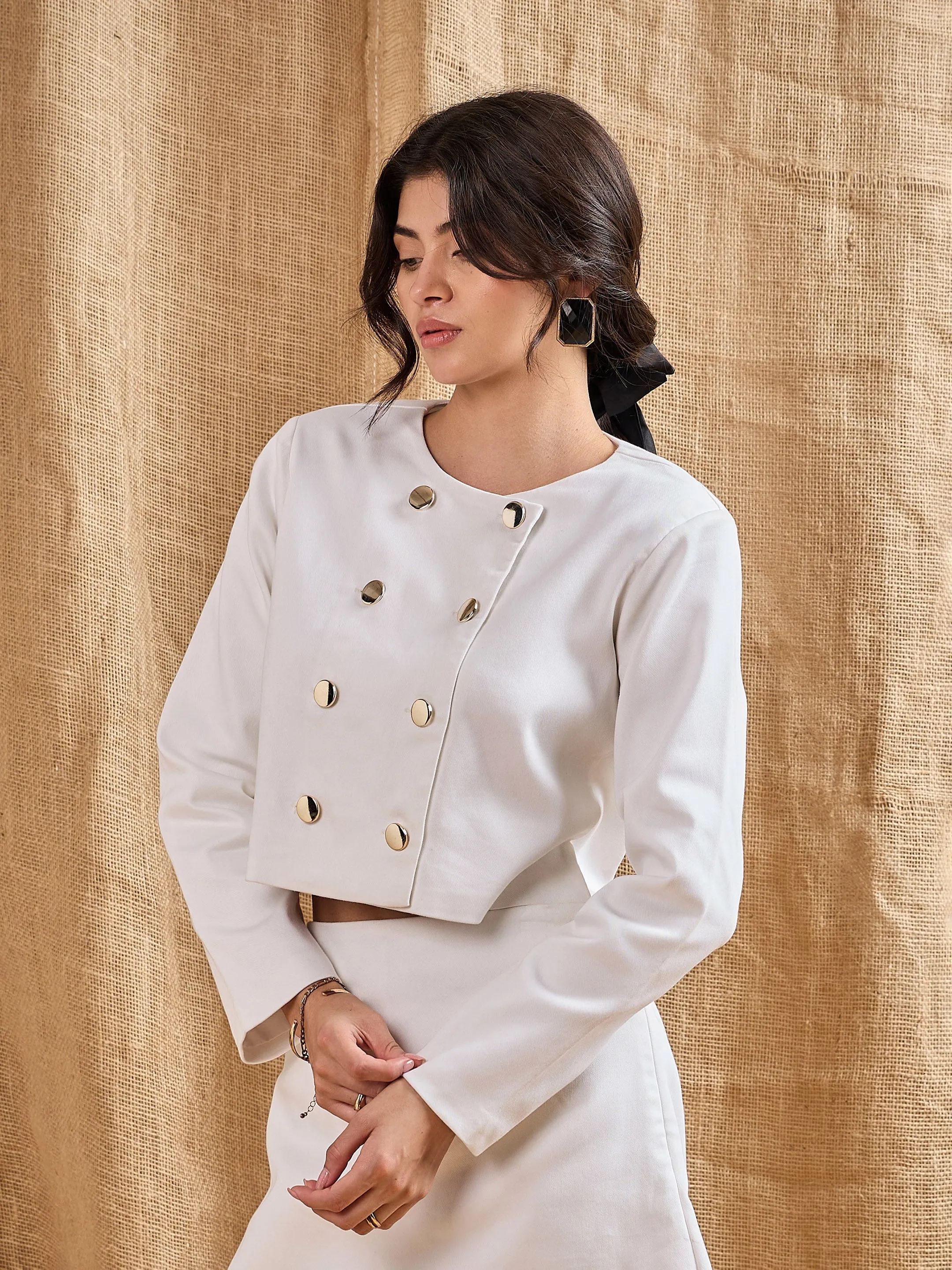 Women White Twiill Double Breasted Crop Blazer