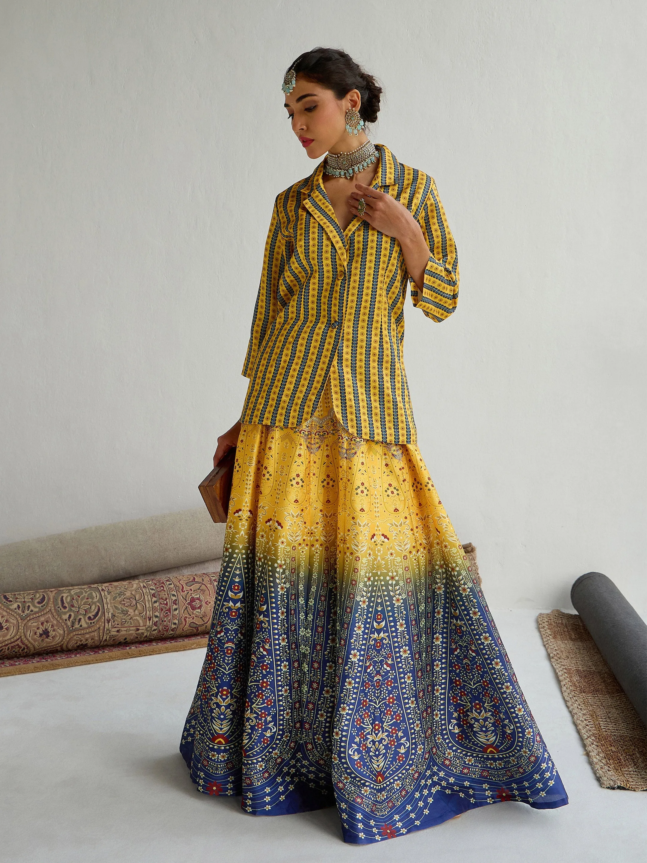 Women Yellow & Blue Floral Blazer Top With Anarkali Skirt