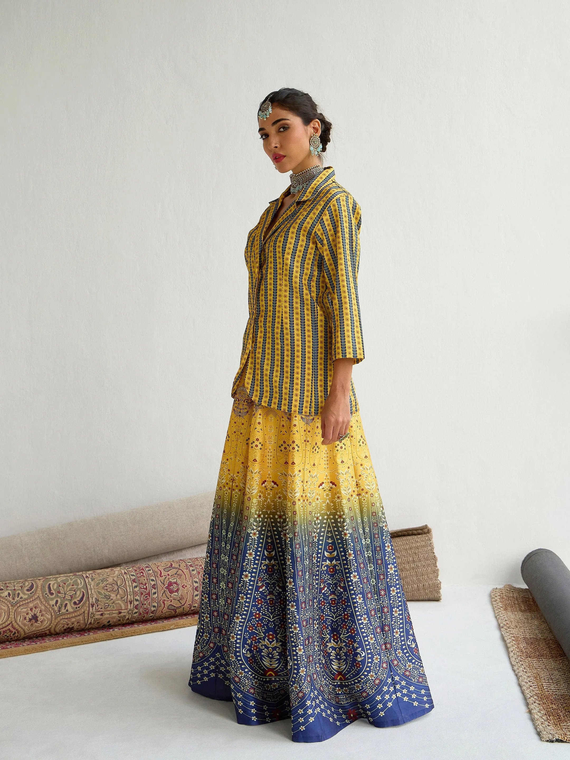 Women Yellow & Blue Floral Blazer Top With Anarkali Skirt