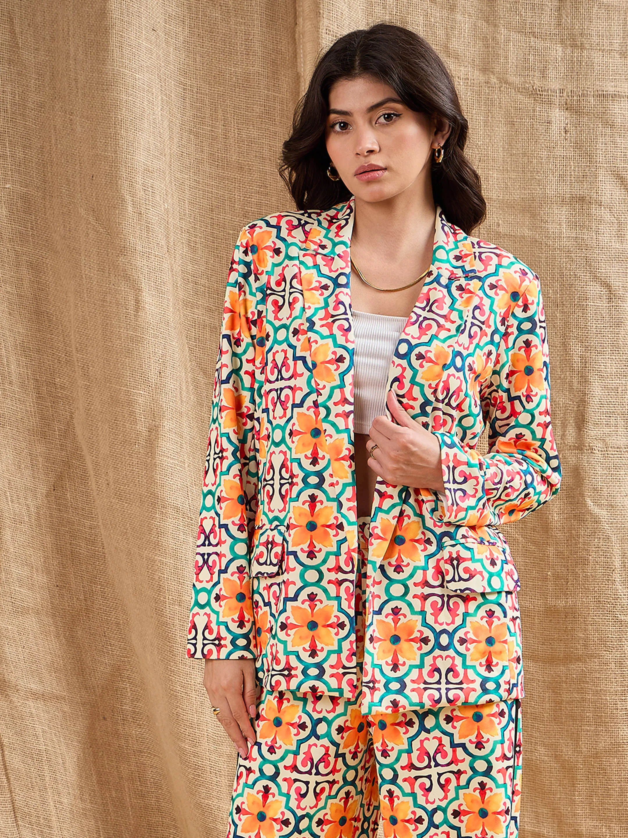 Women Yellow Geometrical Printed Shawl Collar Blazer