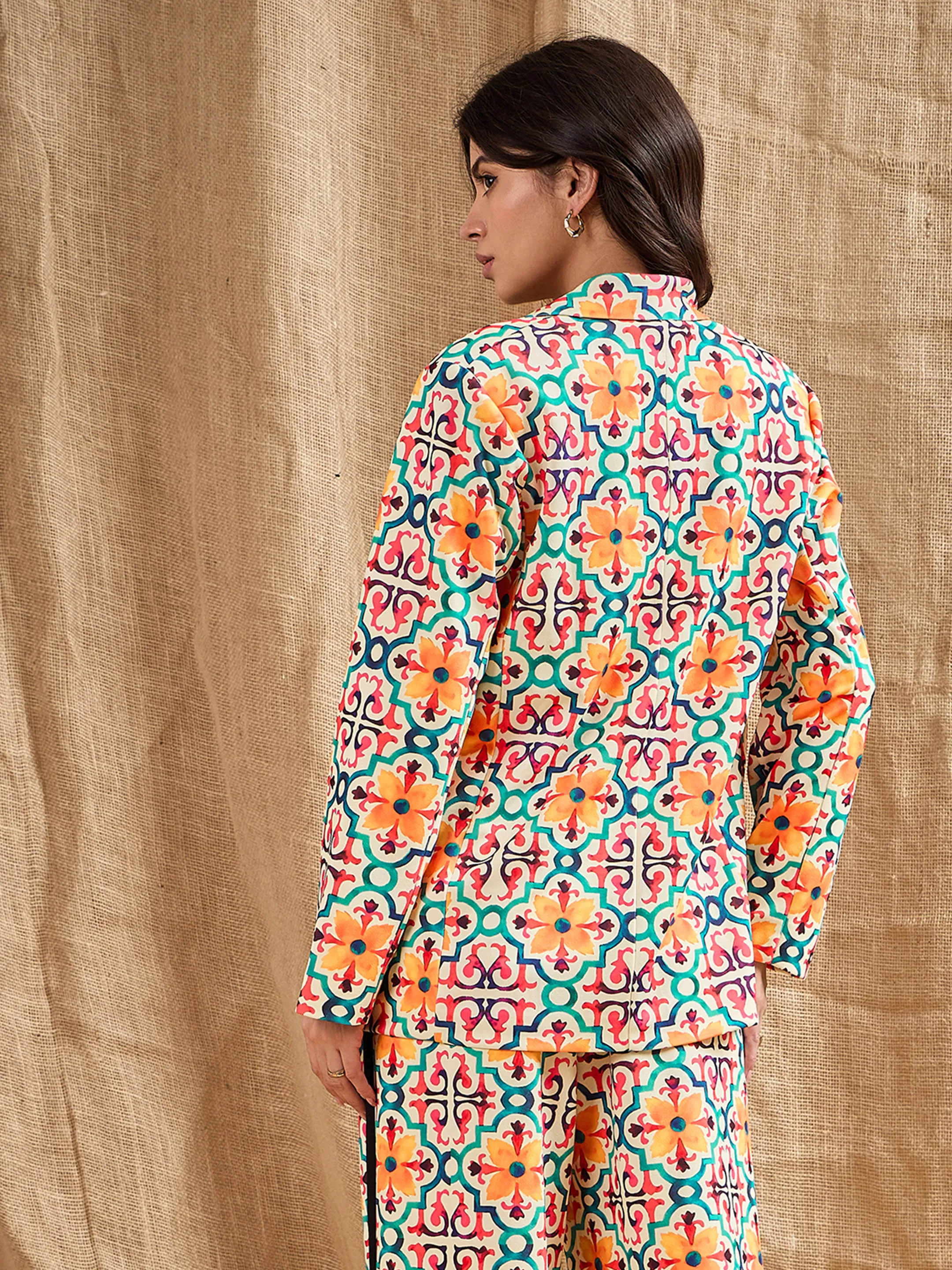 Women Yellow Geometrical Printed Shawl Collar Blazer