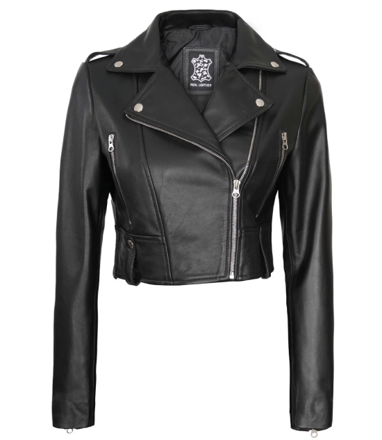 Women's Black Cropped Leather Biker Jacket - Moto Style