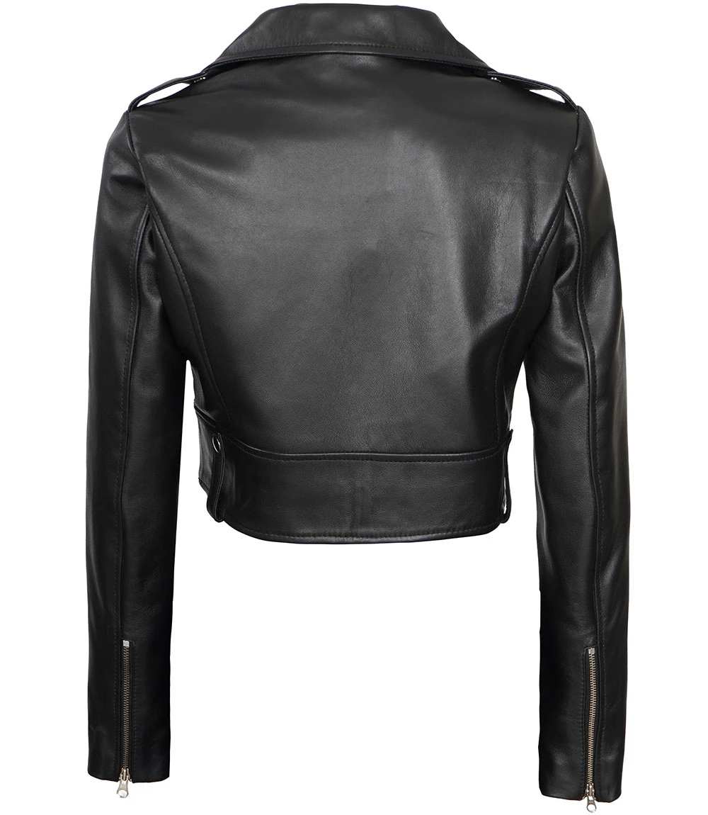 Women's Black Cropped Leather Biker Jacket - Moto Style