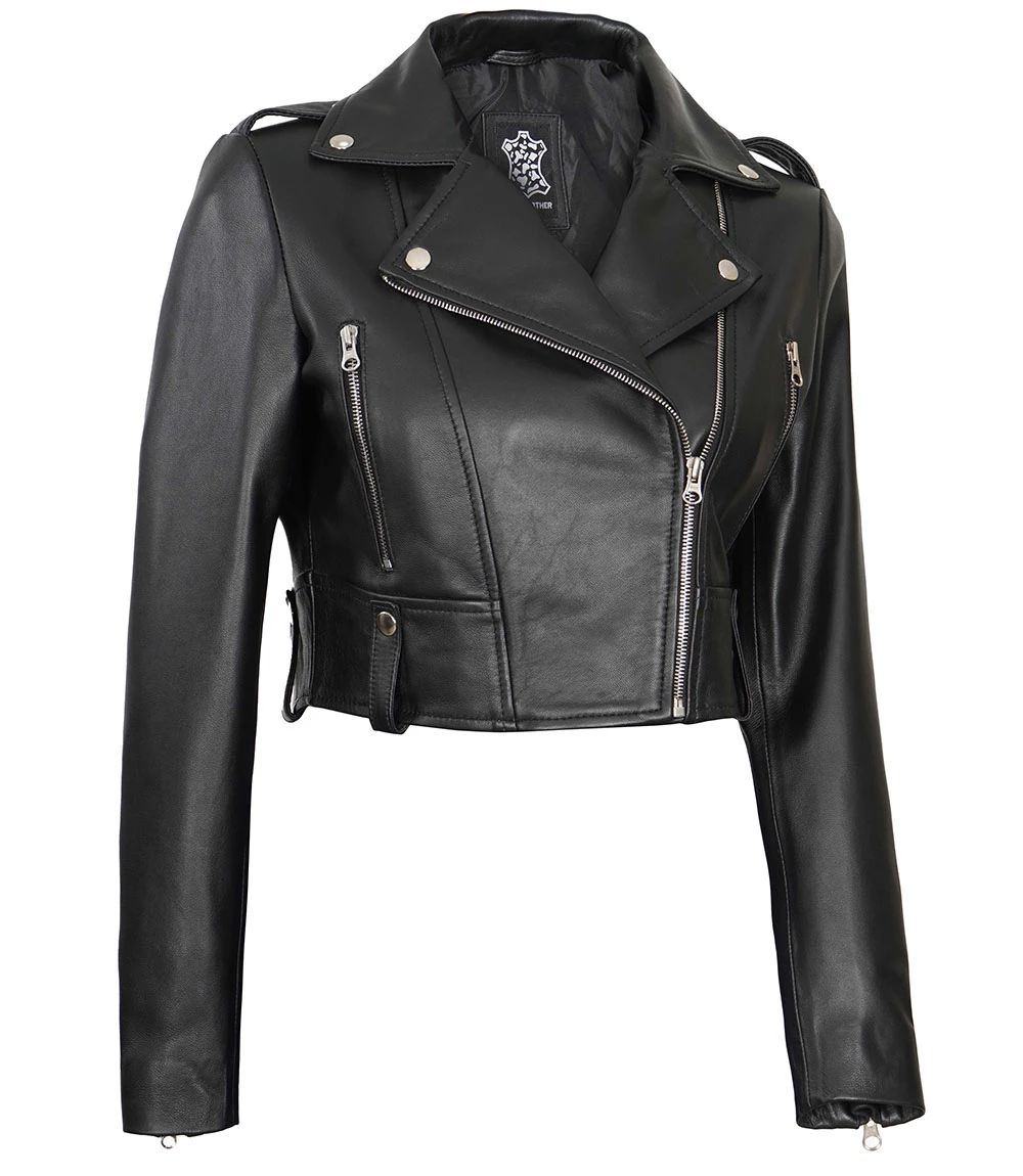 Women's Black Cropped Leather Biker Jacket - Moto Style