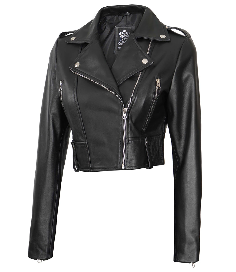 Women's Black Cropped Leather Biker Jacket - Moto Style