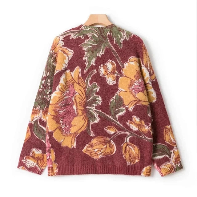 Women's Sweater Floral Print 2024 Early Spring O-neck Wool and Mohair Vintage Ladies Jumper